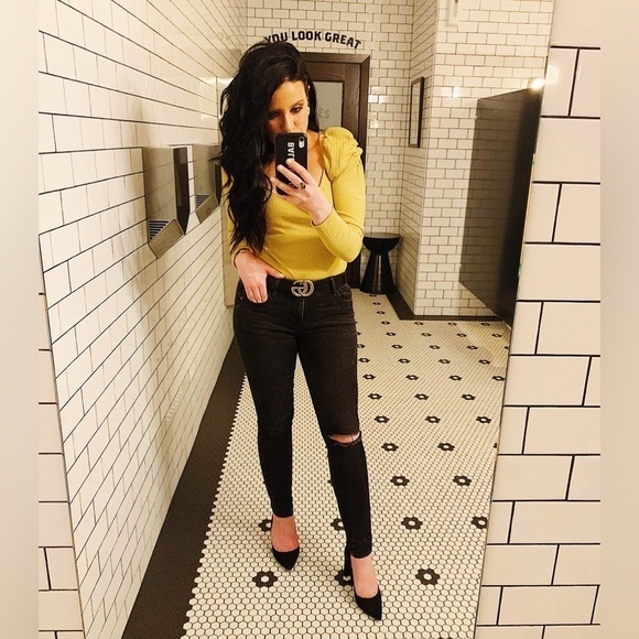 May Pink Marigold Yellow Ribber Puff Sleeve Bodysuit Sz Medium - Picture 7 of 7